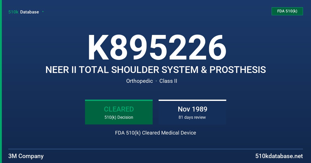 K895226 NEER II TOTAL SHOULDER SYSTEM & PROSTHESIS FDA 510(k) Cleared Medical Device