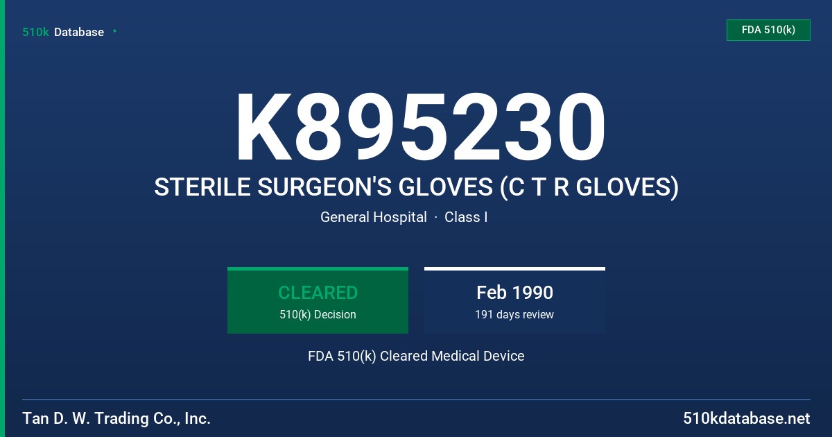 K895230 STERILE SURGEON'S GLOVES (C T R GLOVES) FDA 510(k) Cleared Medical Device