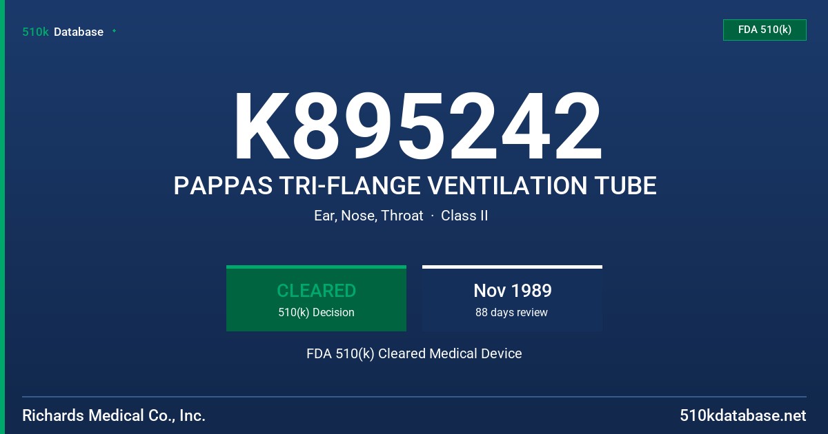 K895242 PAPPAS TRI-FLANGE VENTILATION TUBE FDA 510(k) Cleared Medical Device