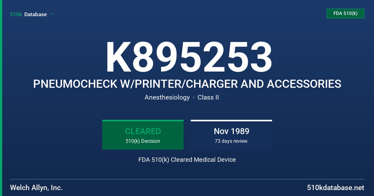 K895253 PNEUMOCHECK W/PRINTER/CHARGER AND ACCESSORIES FDA 510(k) Cleared Medical Device