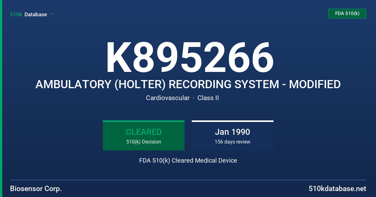 K895266 AMBULATORY (HOLTER) RECORDING SYSTEM - MODIFIED FDA 510(k) Cleared Medical Device