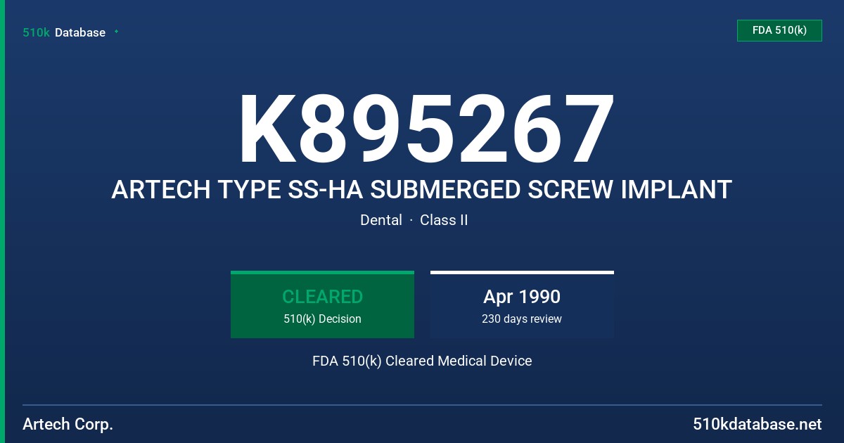 K895267 ARTECH TYPE SS-HA SUBMERGED SCREW IMPLANT FDA 510(k) Cleared Medical Device