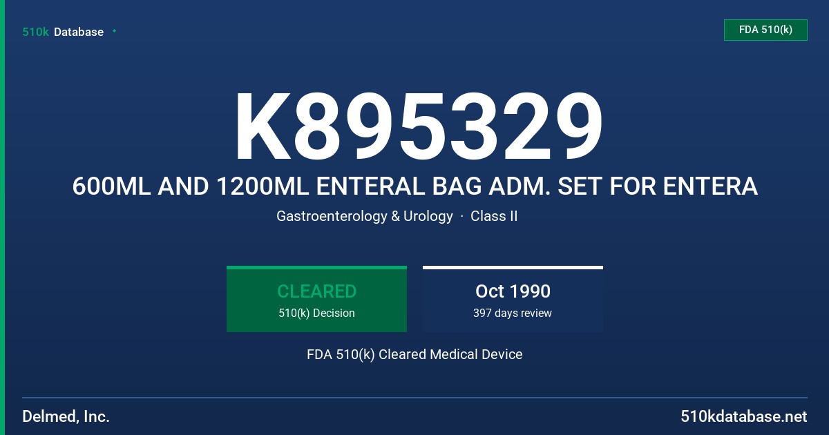 K895329 600ML AND 1200ML ENTERAL BAG ADM. SET FOR ENTERA FDA 510(k) Cleared Medical Device