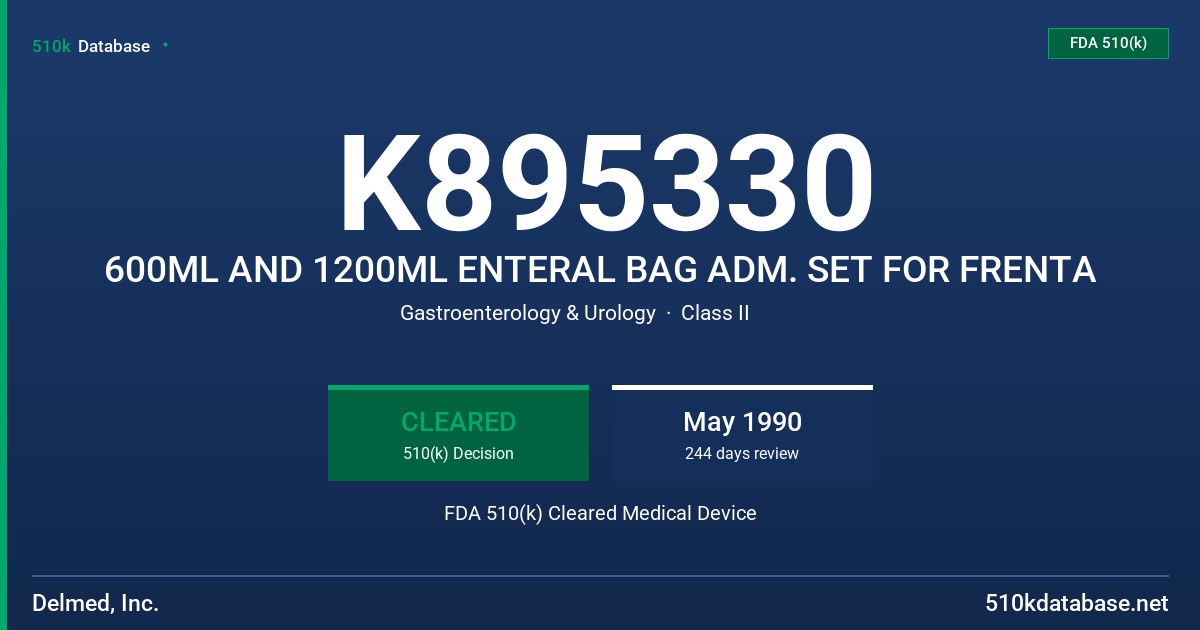 K895330 600ML AND 1200ML ENTERAL BAG ADM. SET FOR FRENTA FDA 510(k) Cleared Medical Device