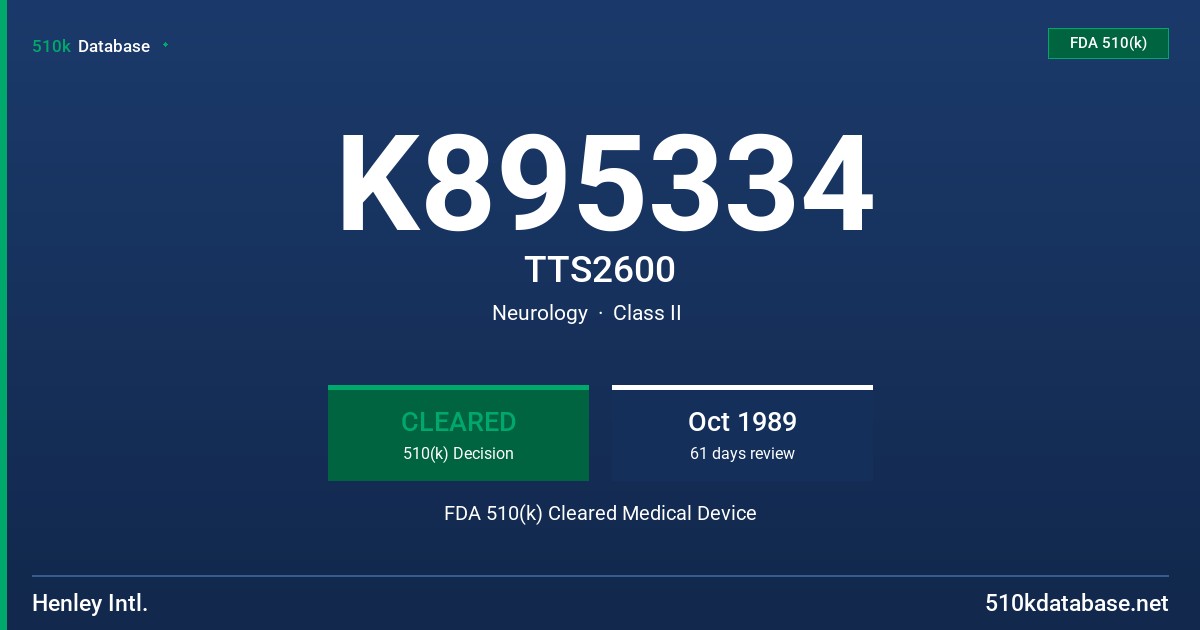 K895334 TTS2600 FDA 510(k) Cleared Medical Device