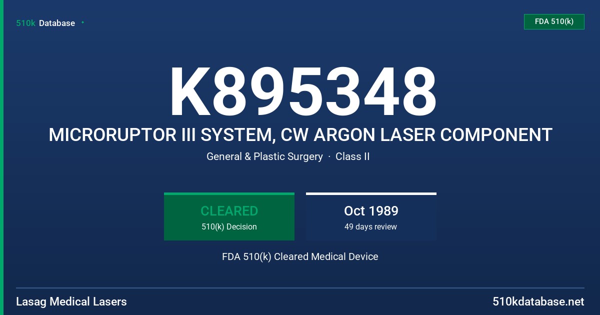K895348 MICRORUPTOR III SYSTEM, CW ARGON LASER COMPONENT FDA 510(k) Cleared Medical Device