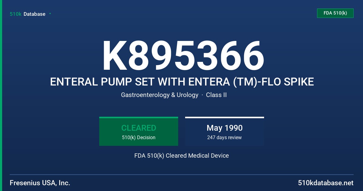 K895366 ENTERAL PUMP SET WITH ENTERA (TM)-FLO SPIKE FDA 510(k) Cleared Medical Device