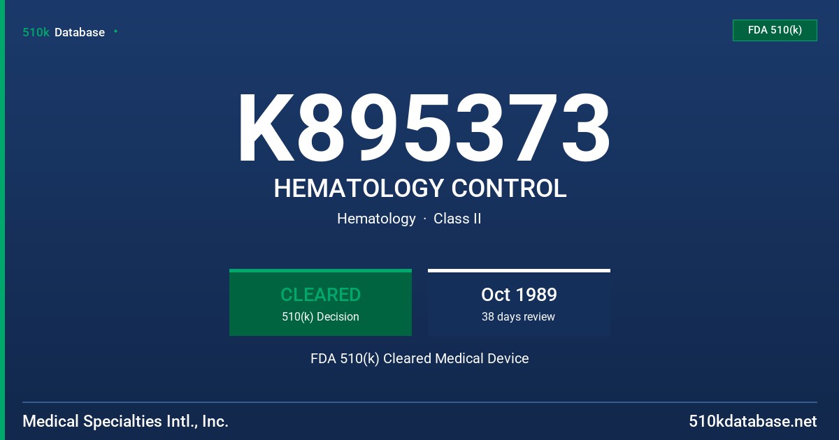 K895373 HEMATOLOGY CONTROL FDA 510(k) Cleared Medical Device
