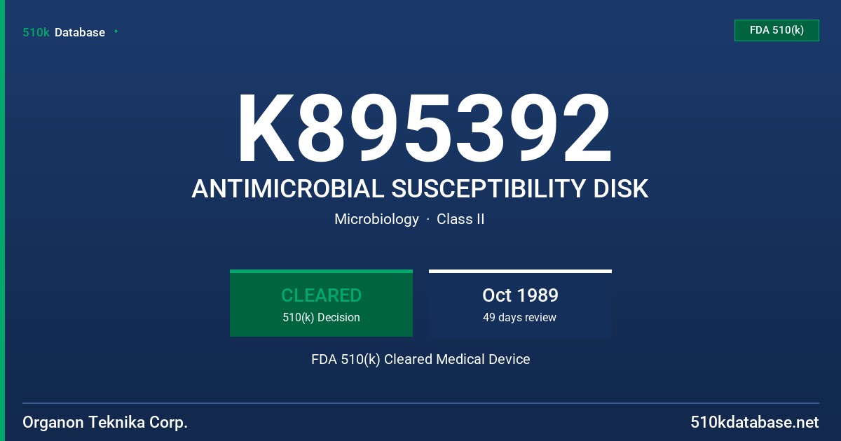K895392 ANTIMICROBIAL SUSCEPTIBILITY DISK FDA 510(k) Cleared Medical Device