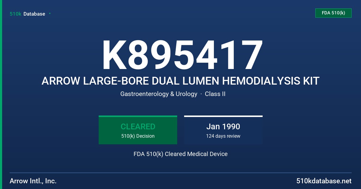 K895417 ARROW LARGE-BORE DUAL LUMEN HEMODIALYSIS KIT FDA 510(k) Cleared Medical Device