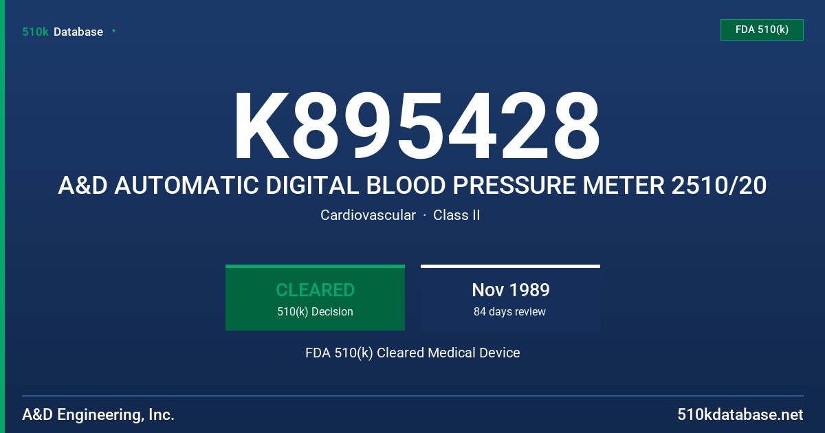 K895428 A&D AUTOMATIC DIGITAL BLOOD PRESSURE METER 2510/20 FDA 510(k) Cleared Medical Device