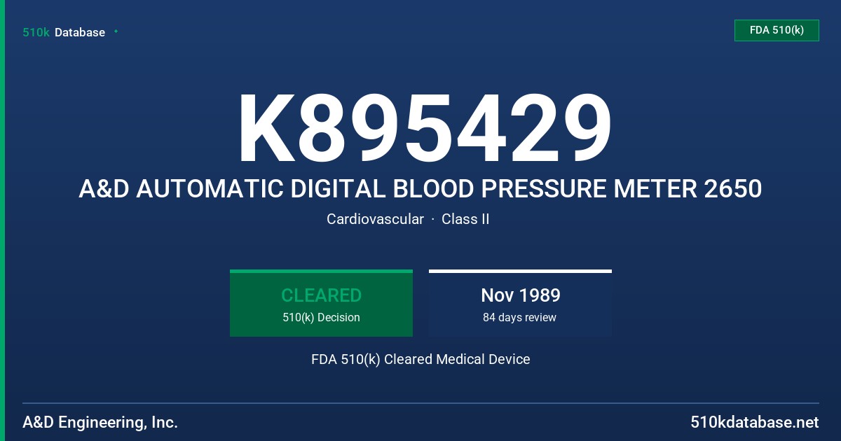 K895429 A&D AUTOMATIC DIGITAL BLOOD PRESSURE METER 2650 FDA 510(k) Cleared Medical Device