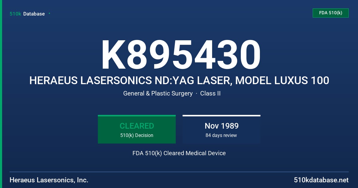 K895430 HERAEUS LASERSONICS ND:YAG LASER, MODEL LUXUS 100 FDA 510(k) Cleared Medical Device