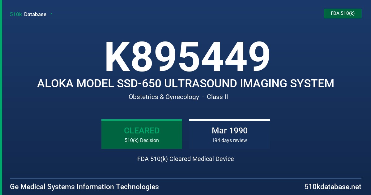 K895449 ALOKA MODEL SSD-650 ULTRASOUND IMAGING SYSTEM FDA 510(k) Cleared Medical Device