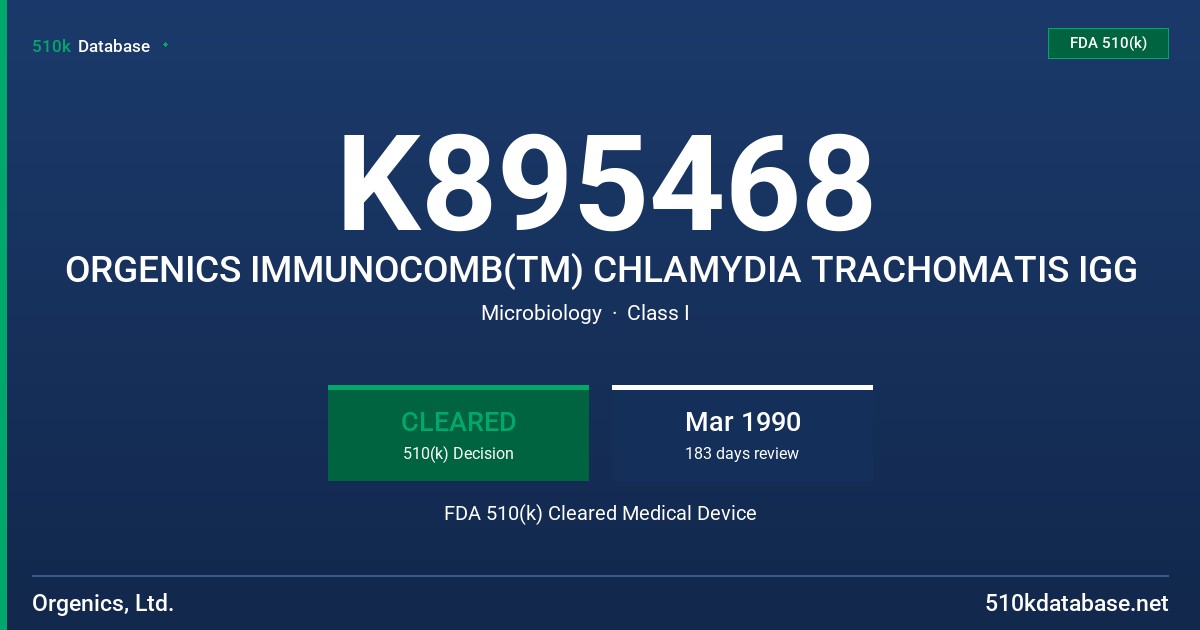 K895468 ORGENICS IMMUNOCOMB(TM) CHLAMYDIA TRACHOMATIS IGG FDA 510(k) Cleared Medical Device