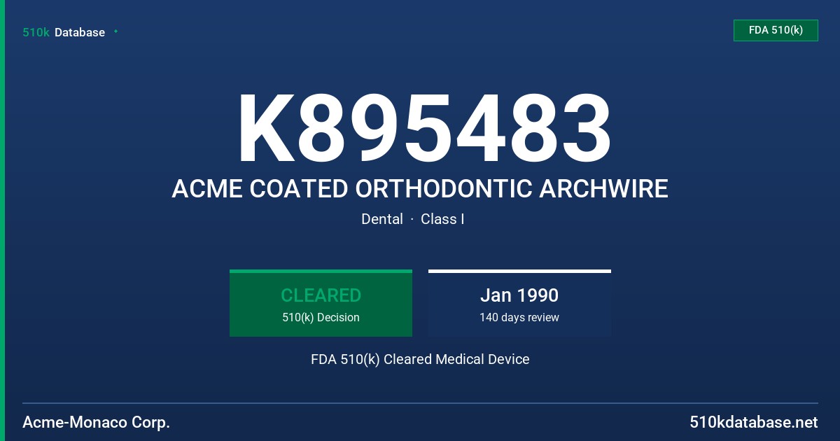 K895483 ACME COATED ORTHODONTIC ARCHWIRE FDA 510(k) Cleared Medical Device