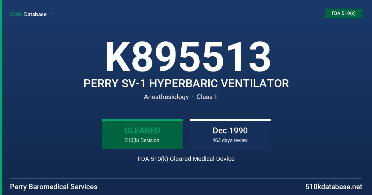K895513 PERRY SV-1 HYPERBARIC VENTILATOR FDA 510(k) Cleared Medical Device
