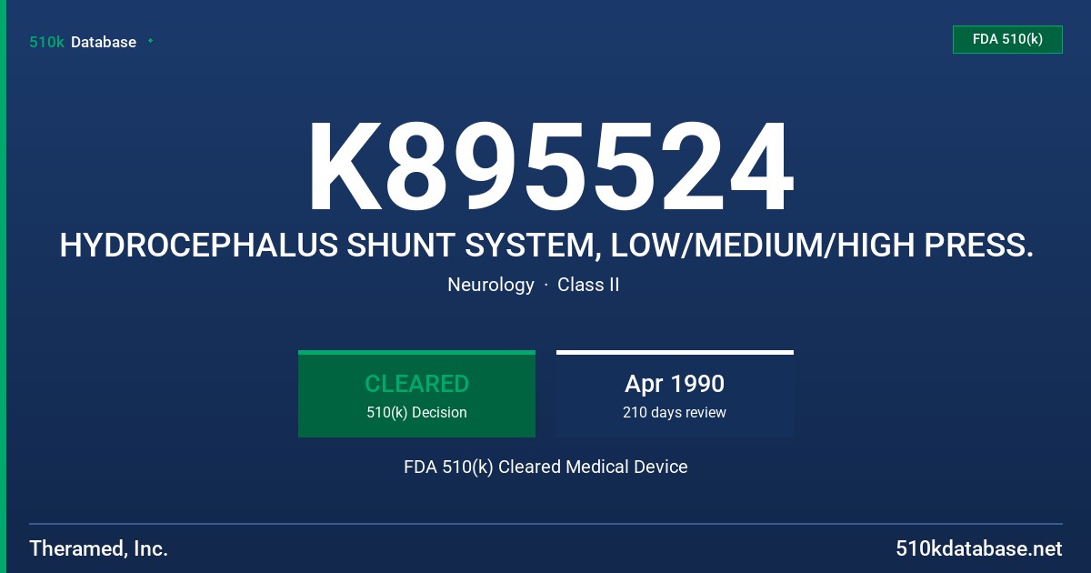 K895524 HYDROCEPHALUS SHUNT SYSTEM, LOW/MEDIUM/HIGH PRESS. FDA 510(k) Cleared Medical Device