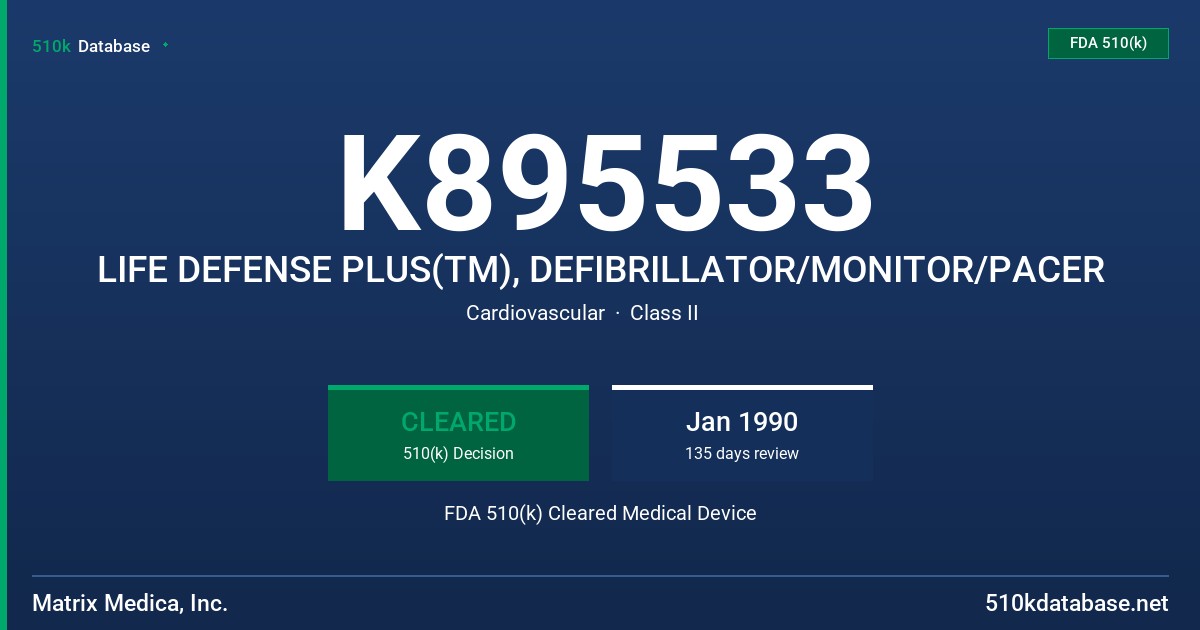 K895533 LIFE DEFENSE PLUS(TM), DEFIBRILLATOR/MONITOR/PACER FDA 510(k) Cleared Medical Device