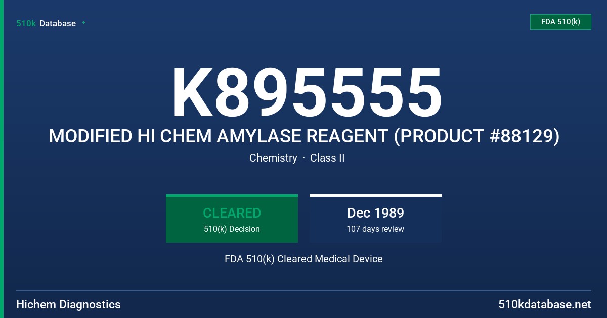K895555 MODIFIED HI CHEM AMYLASE REAGENT (PRODUCT #88129) FDA 510(k) Cleared Medical Device