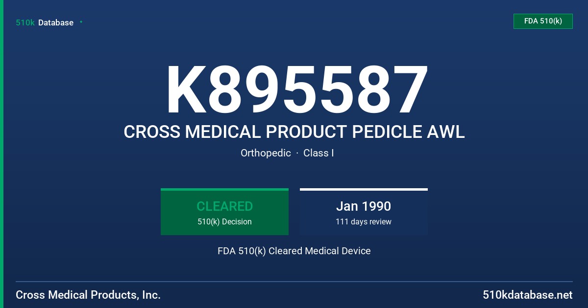 K895587 CROSS MEDICAL PRODUCT PEDICLE AWL FDA 510(k) Cleared Medical Device