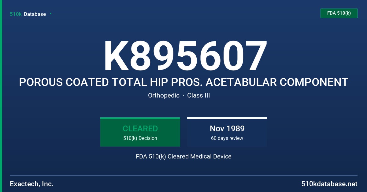 K895607 POROUS COATED TOTAL HIP PROS. ACETABULAR COMPONENT FDA 510(k) Cleared Medical Device