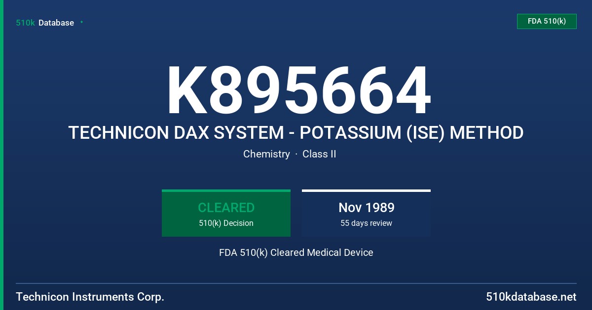 K895664 TECHNICON DAX SYSTEM - POTASSIUM (ISE) METHOD FDA 510(k) Cleared Medical Device