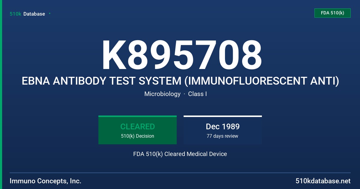 K895708 EBNA ANTIBODY TEST SYSTEM (IMMUNOFLUORESCENT ANTI) FDA 510(k) Cleared Medical Device