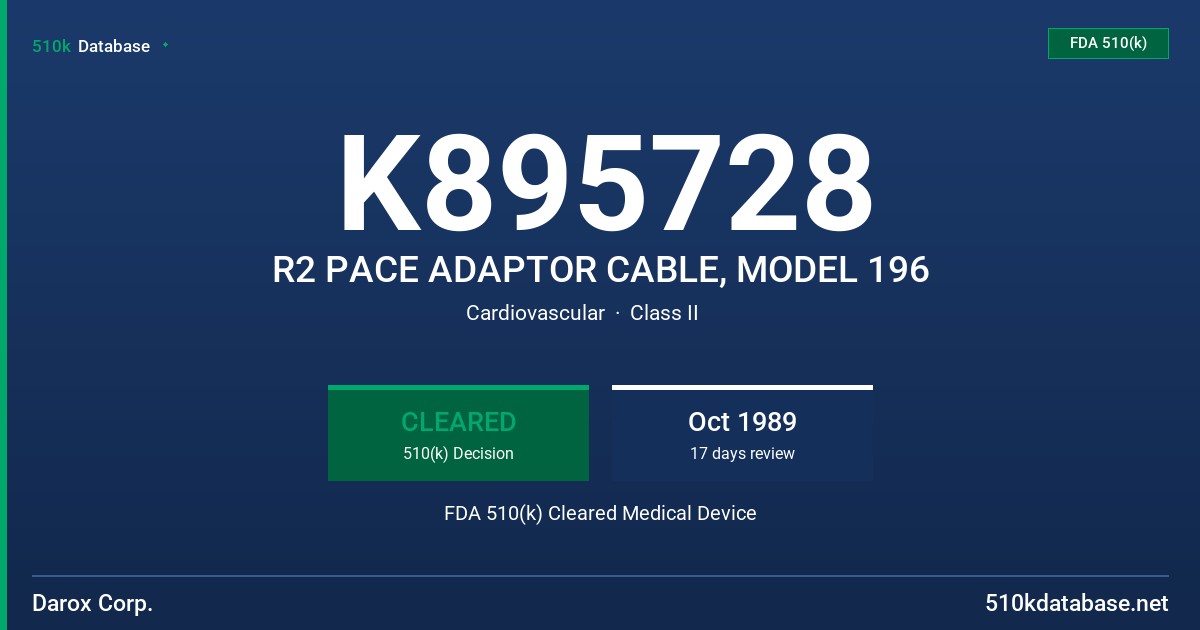 K895728 R2 PACE ADAPTOR CABLE, MODEL 196 FDA 510(k) Cleared Medical Device