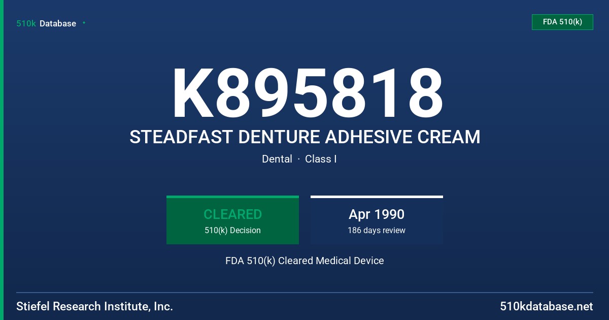 K895818 STEADFAST DENTURE ADHESIVE CREAM FDA 510(k) Cleared Medical Device