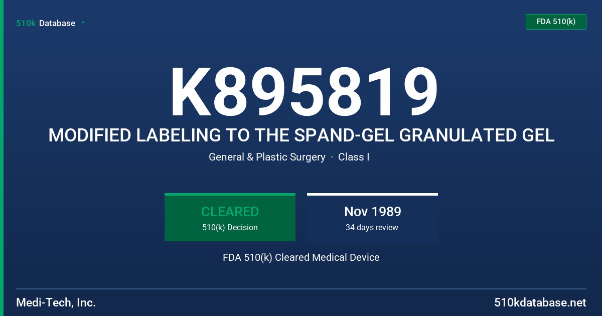 K895819 MODIFIED LABELING TO THE SPAND-GEL GRANULATED GEL FDA 510(k) Cleared Medical Device