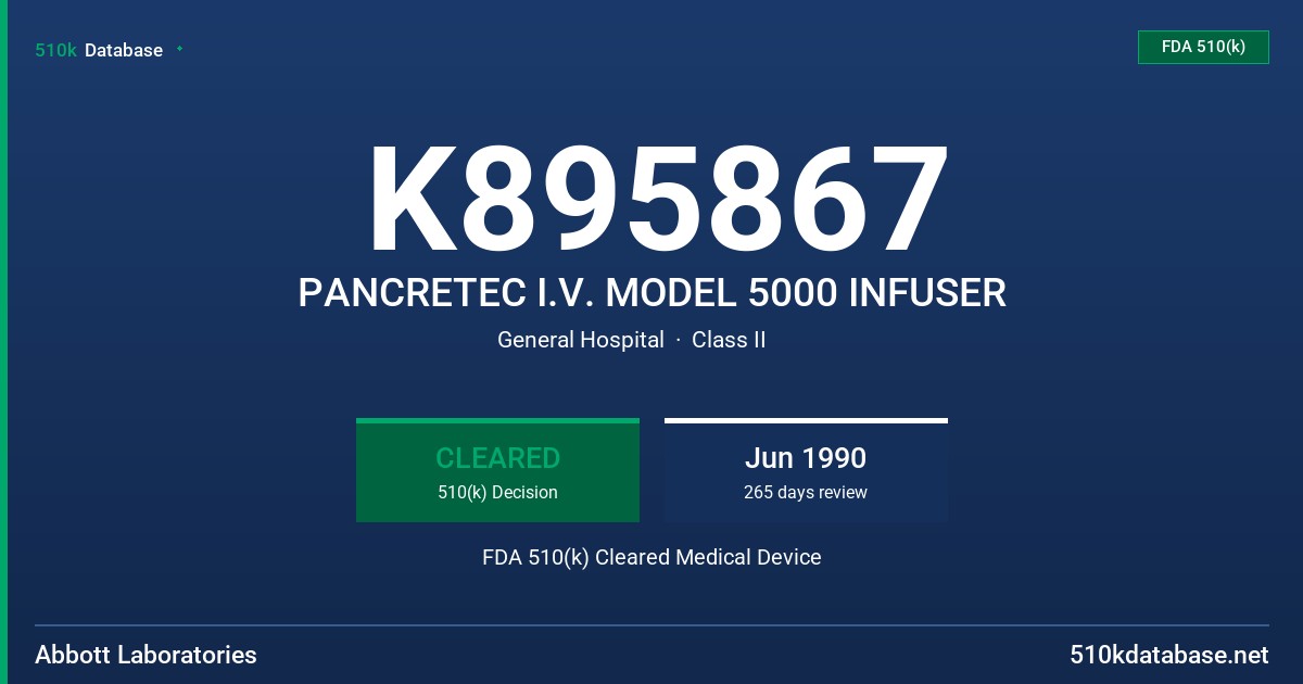 K895867 PANCRETEC I.V. MODEL 5000 INFUSER FDA 510(k) Cleared Medical Device