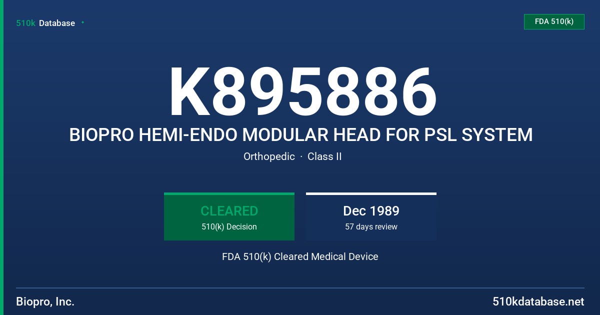 K895886 BIOPRO HEMI-ENDO MODULAR HEAD FOR PSL SYSTEM FDA 510(k) Cleared Medical Device