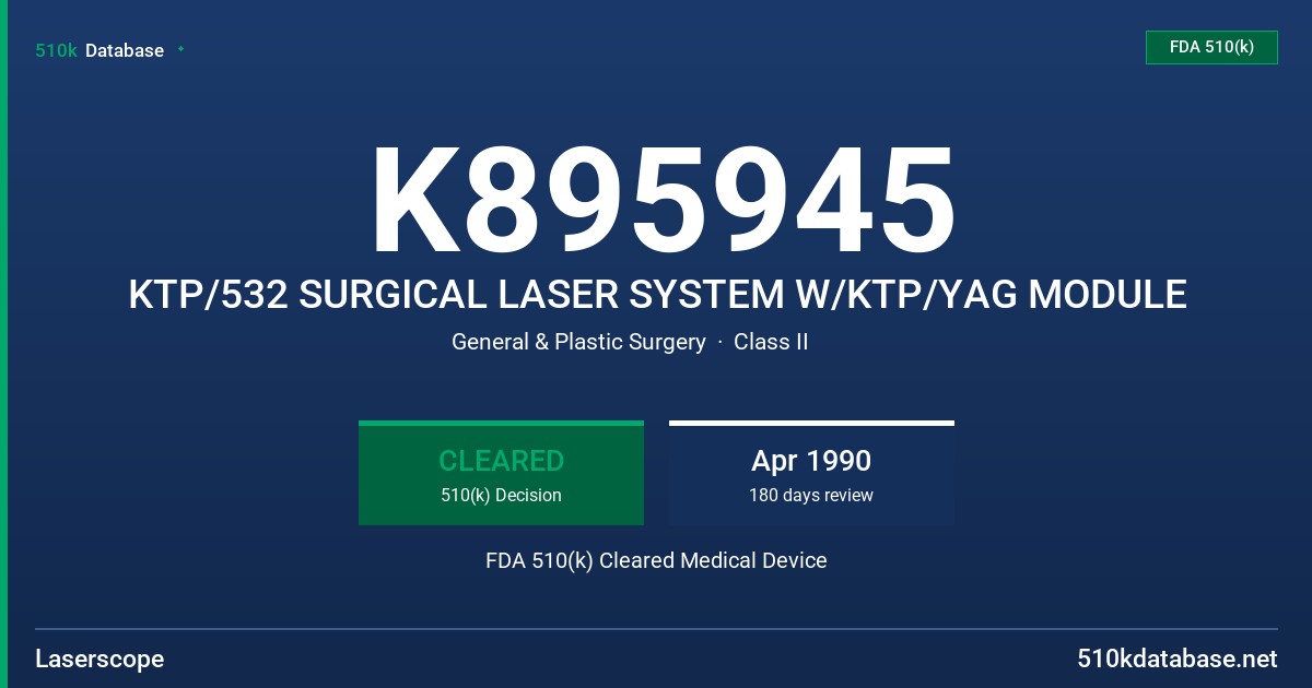 K895945 KTP/532 SURGICAL LASER SYSTEM W/KTP/YAG MODULE FDA 510(k) Cleared Medical Device