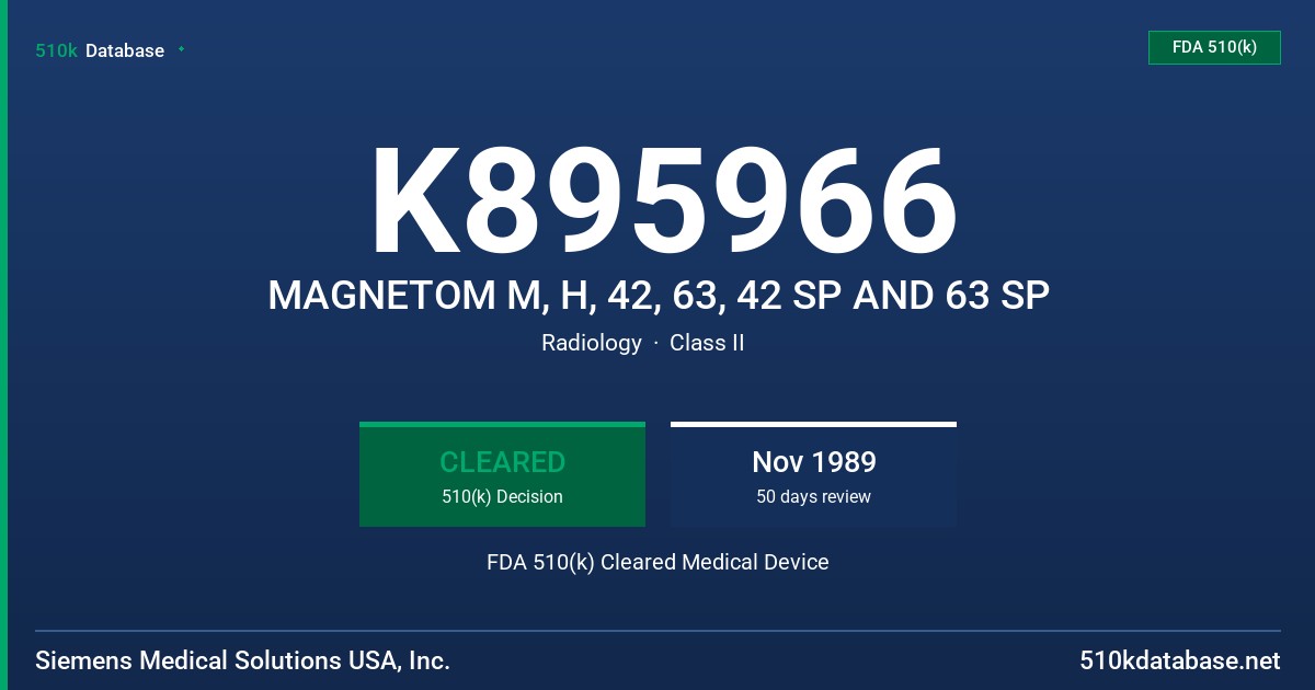 K895966 MAGNETOM M, H, 42, 63, 42 SP AND 63 SP FDA 510(k) Cleared Medical Device