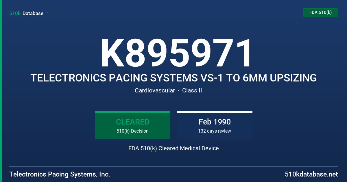 K895971 TELECTRONICS PACING SYSTEMS VS-1 TO 6MM UPSIZING FDA 510(k) Cleared Medical Device