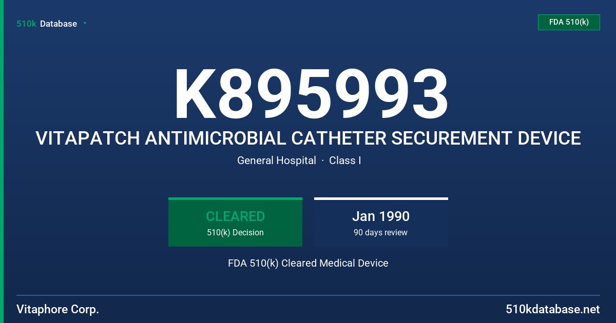 K895993 VITAPATCH ANTIMICROBIAL CATHETER SECUREMENT DEVICE FDA 510(k) Cleared Medical Device