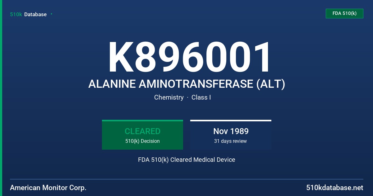 K896001 ALANINE AMINOTRANSFERASE (ALT) FDA 510(k) Cleared Medical Device