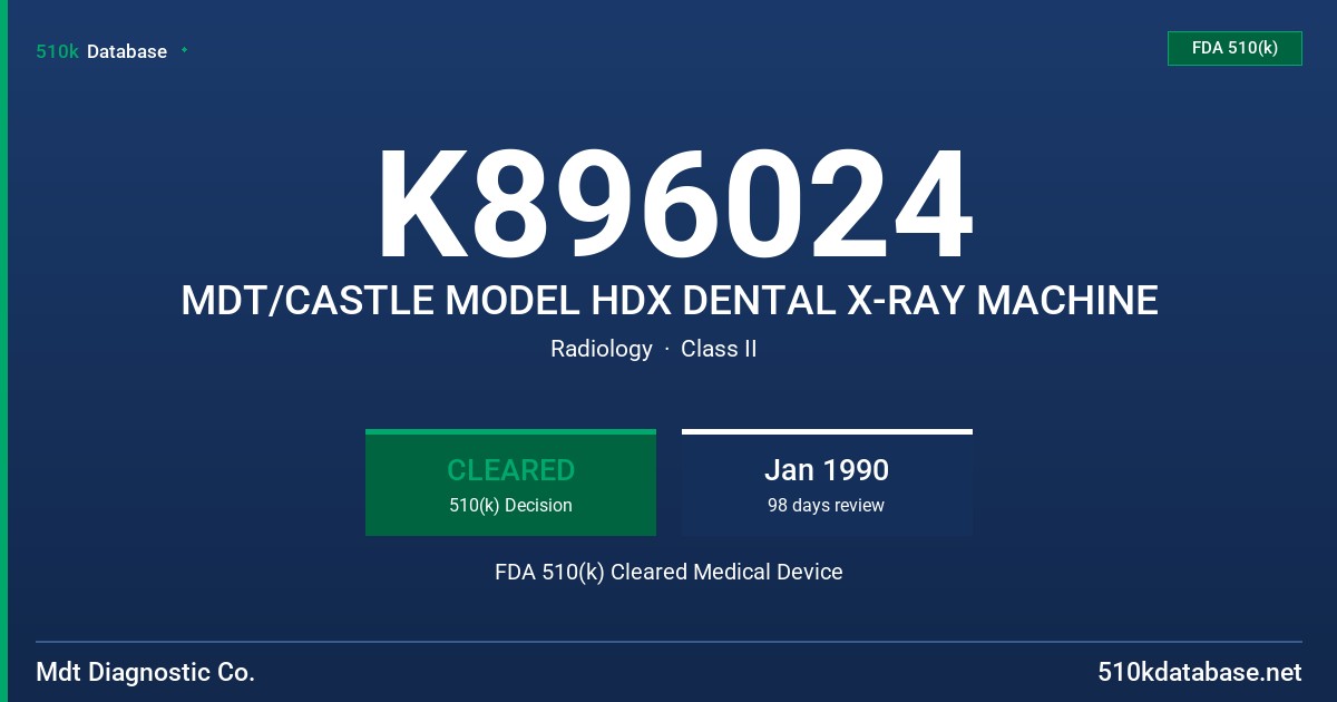 K896024 MDT/CASTLE MODEL HDX DENTAL X-RAY MACHINE FDA 510(k) Cleared Medical Device