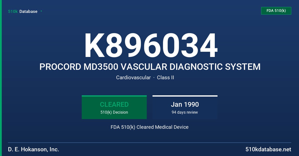 K896034 PROCORD MD3500 VASCULAR DIAGNOSTIC SYSTEM FDA 510(k) Cleared Medical Device