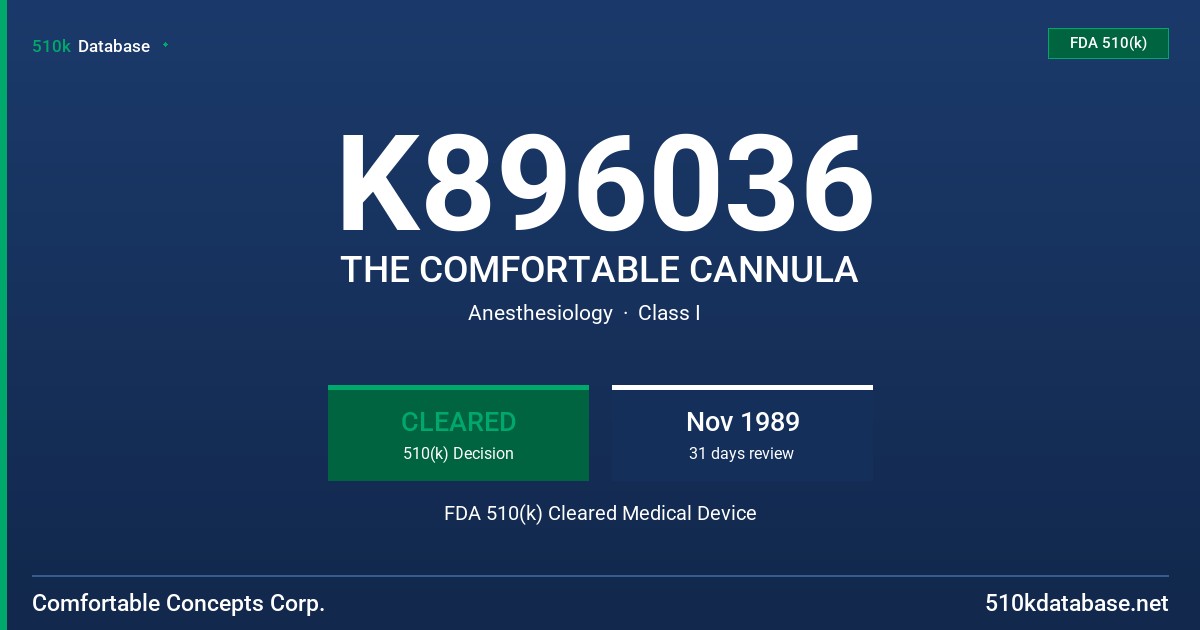 K896036 THE COMFORTABLE CANNULA FDA 510(k) Cleared Medical Device