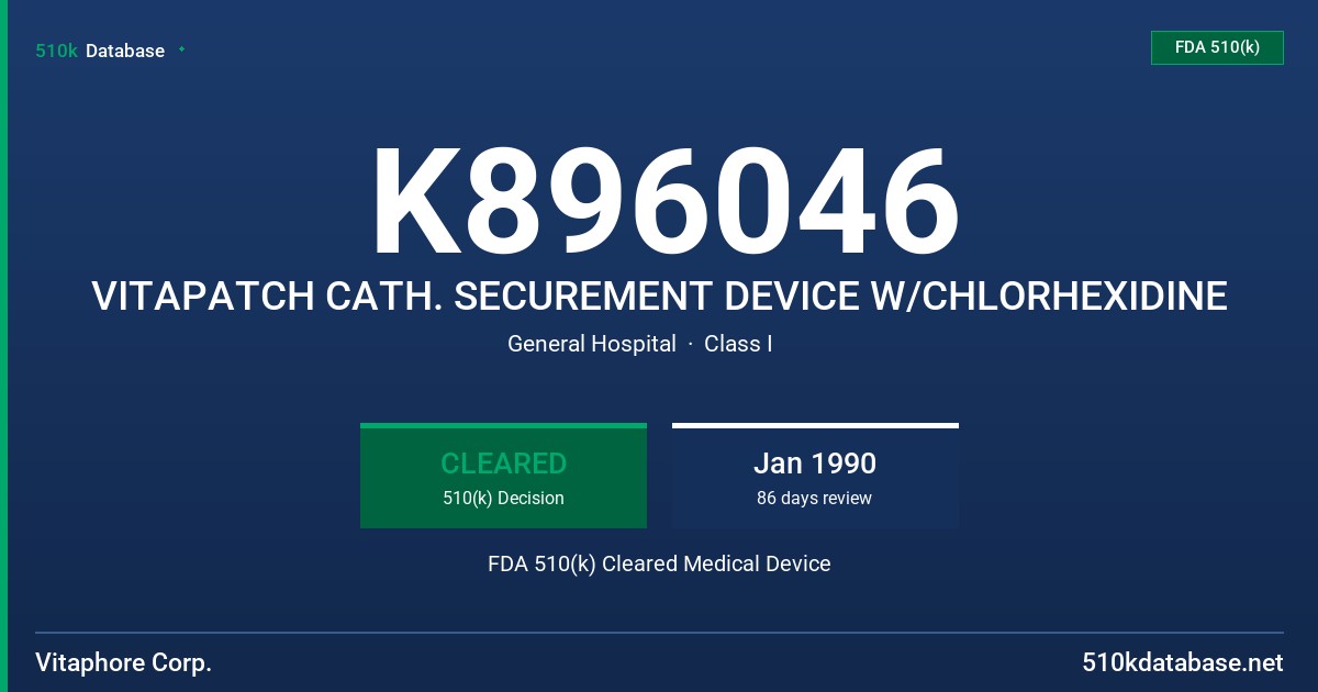 K896046 VITAPATCH CATH. SECUREMENT DEVICE W/CHLORHEXIDINE FDA 510(k) Cleared Medical Device