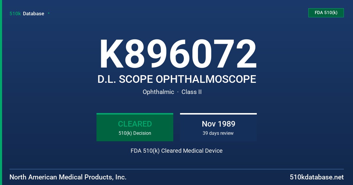 K896072 D.L. SCOPE OPHTHALMOSCOPE FDA 510(k) Cleared Medical Device