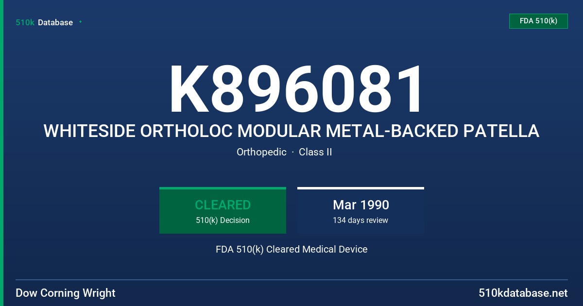 K896081 WHITESIDE ORTHOLOC MODULAR METAL-BACKED PATELLA FDA 510(k) Cleared Medical Device