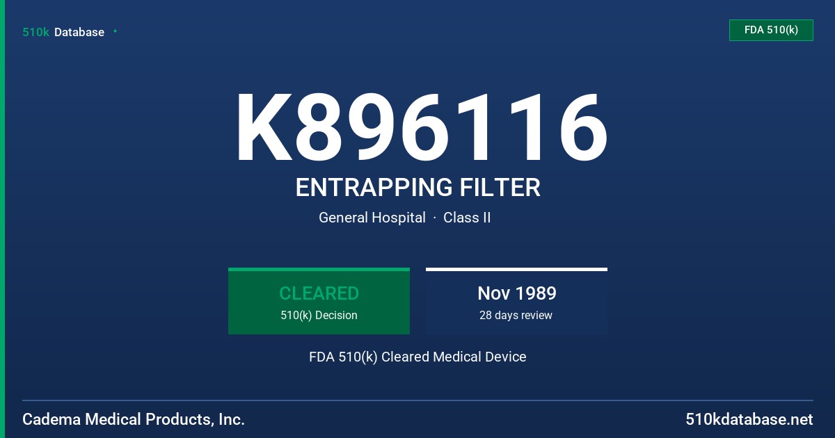 K896116 ENTRAPPING FILTER FDA 510(k) Cleared Medical Device