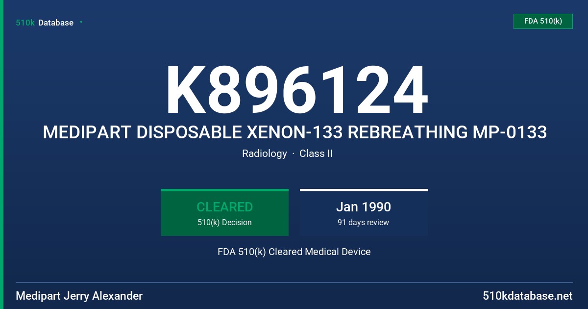 K896124 MEDIPART DISPOSABLE XENON-133 REBREATHING MP-0133 FDA 510(k) Cleared Medical Device