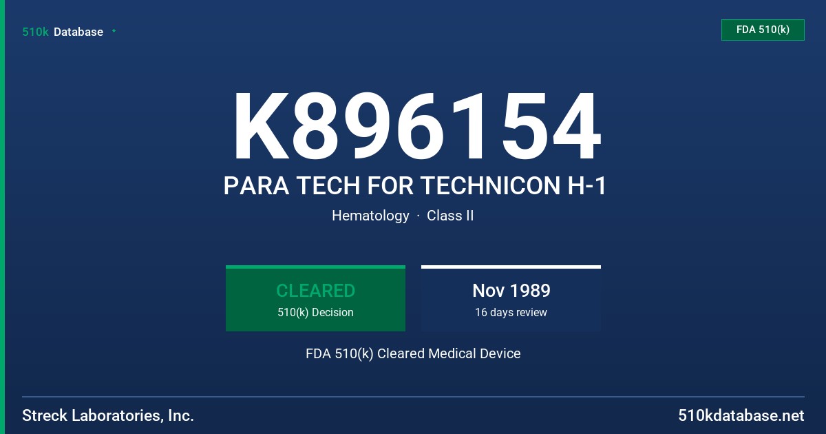 K896154 PARA TECH FOR TECHNICON H-1 FDA 510(k) Cleared Medical Device