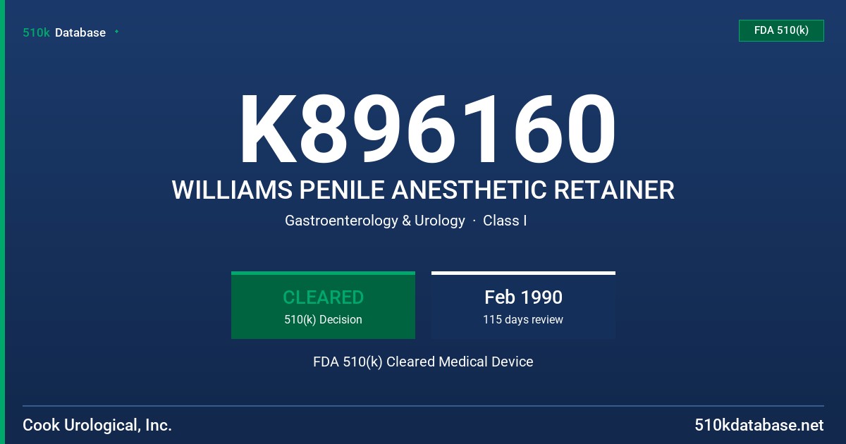 K896160 WILLIAMS PENILE ANESTHETIC RETAINER FDA 510(k) Cleared Medical Device