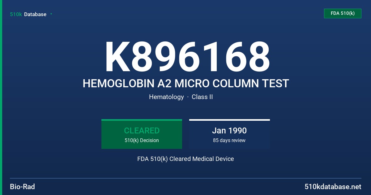 K896168 HEMOGLOBIN A2 MICRO COLUMN TEST FDA 510(k) Cleared Medical Device