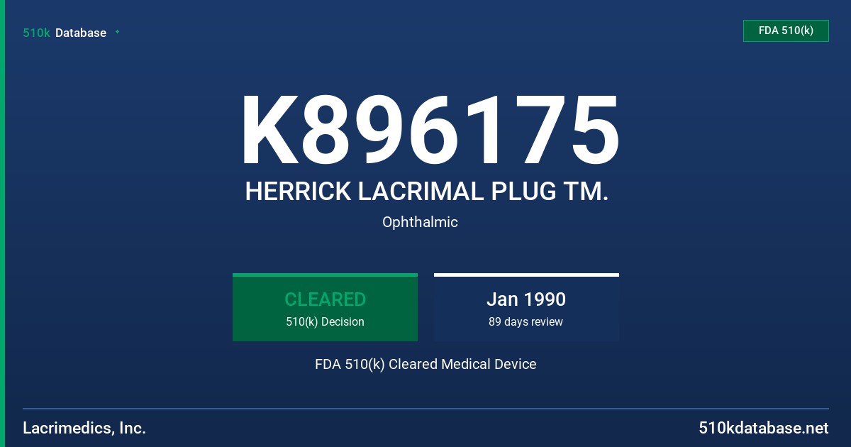 K896175 HERRICK LACRIMAL PLUG TM. FDA 510(k) Cleared Medical Device